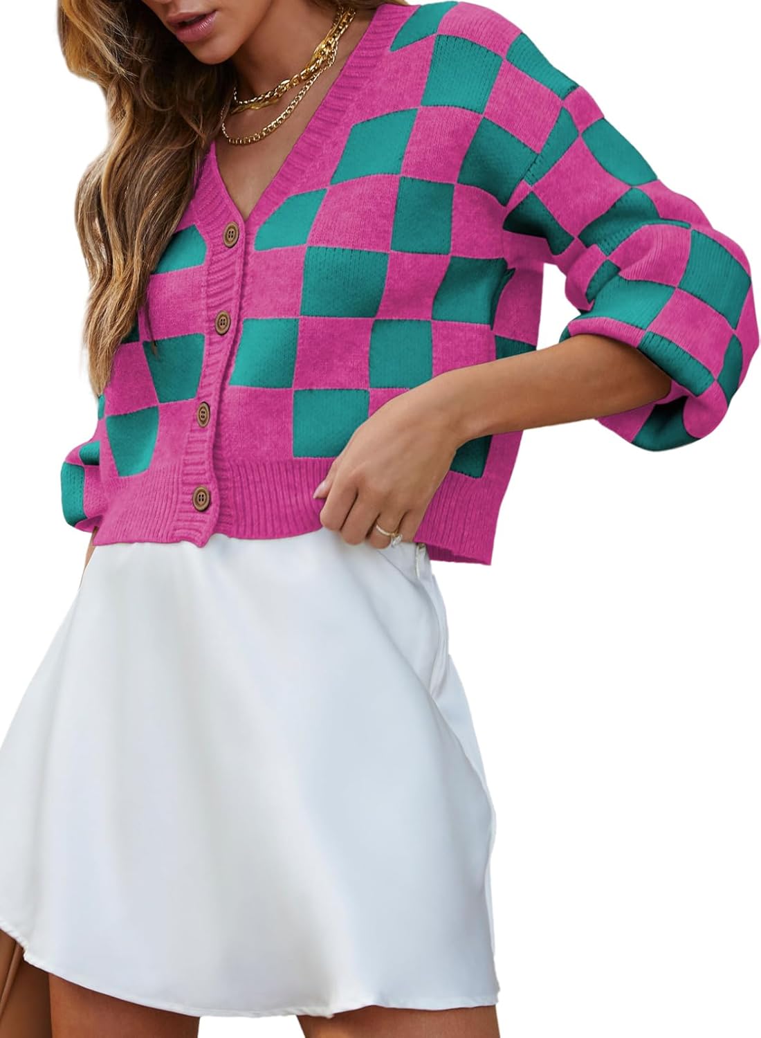 Stylish Checkered V Neck Button Down Cropped Cardigan for Women