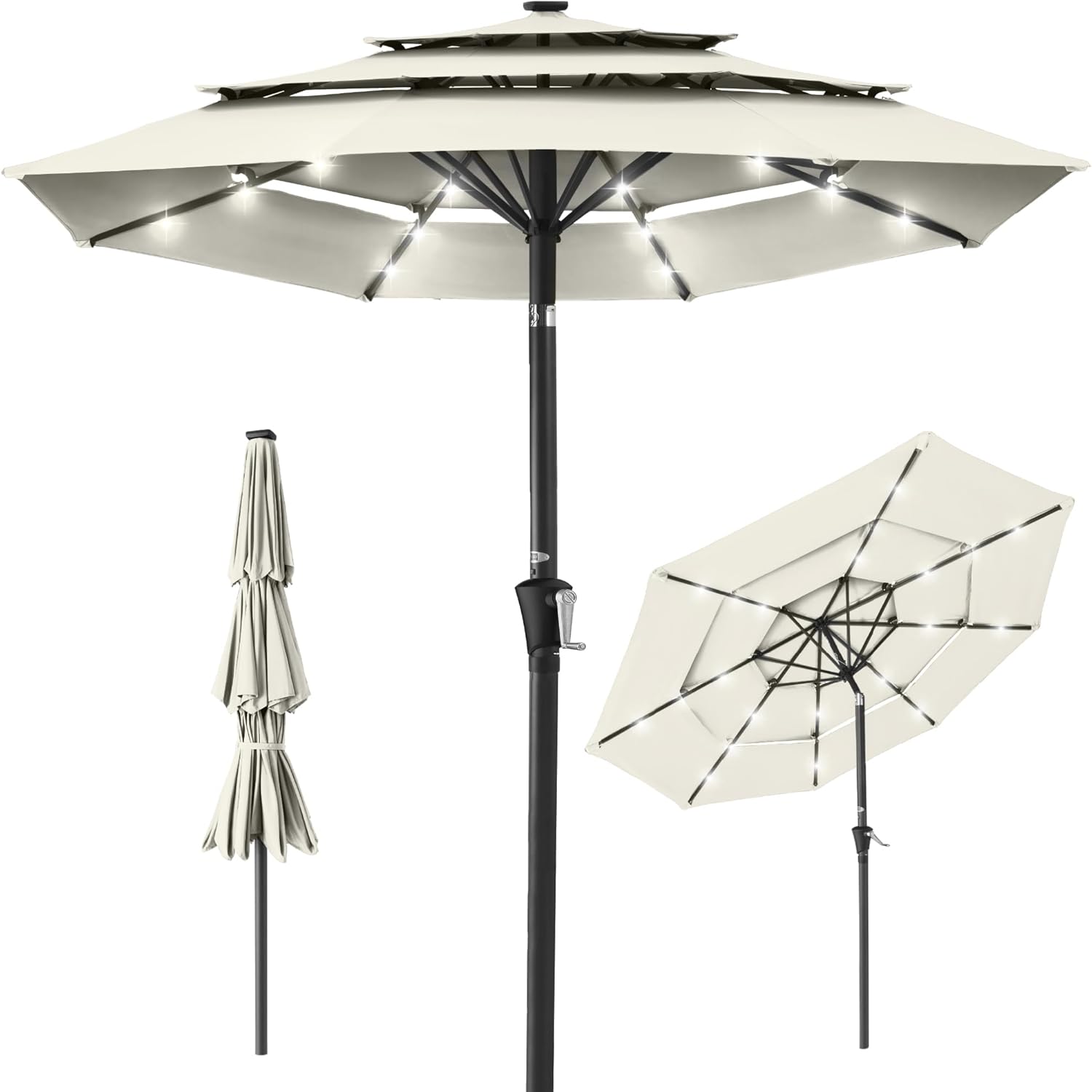 10ft 3-Tier Solar Patio Umbrella with LED Lights for Shade