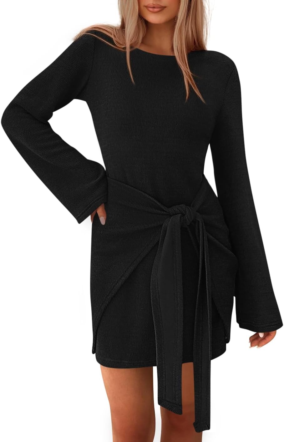 Dowerme Women's Casual Mini Dress with Bell Sleeves and Tie Waist