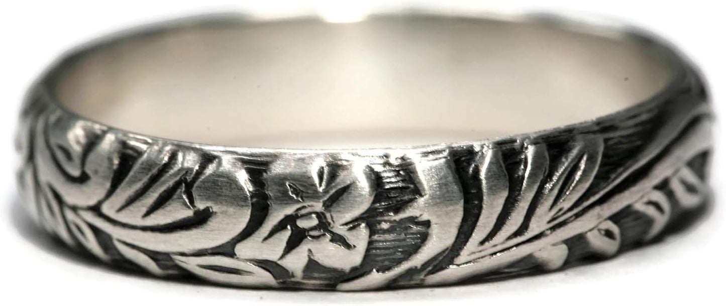 925 Sterling Silver Floral Pattern Band - Handmade Elegance