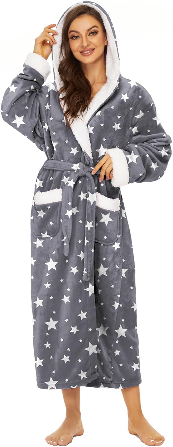 Iniber Plush Robes for Women - Cozy Fleece Hooded Bathrobe