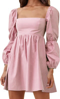 Womens Square Neck Puff Sleeve Mini Dress - Flowy Polyester Fit