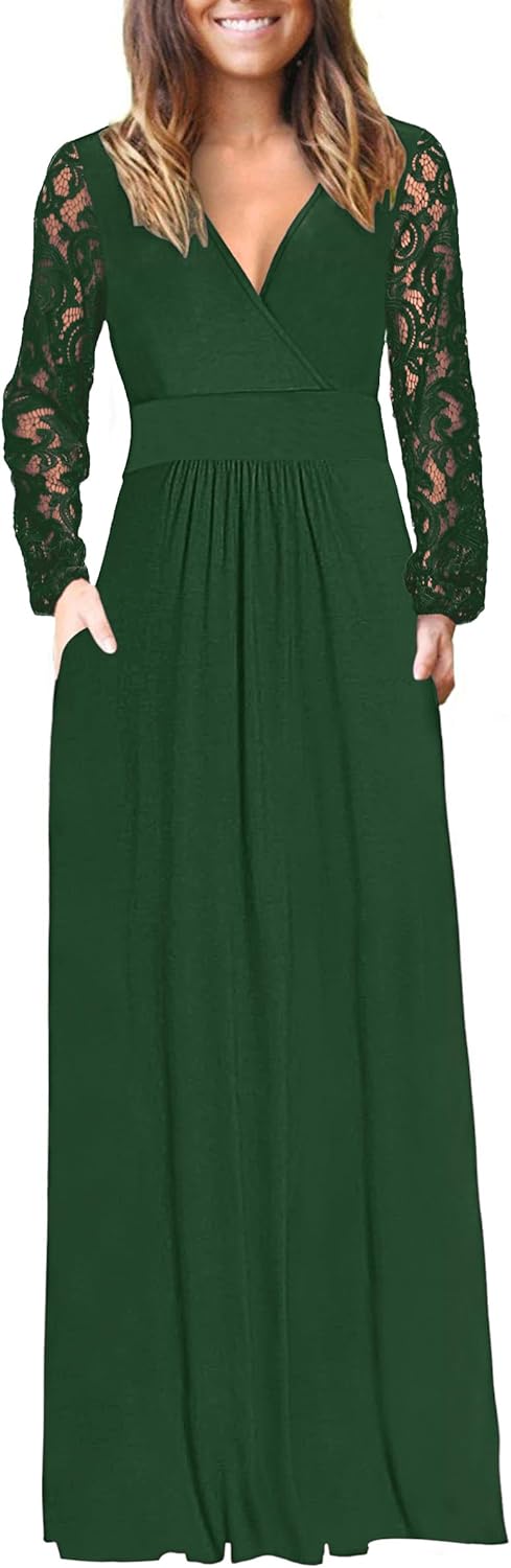 AUSELILY Womens Long Sleeve Maxi Dress with Lace Sleeves