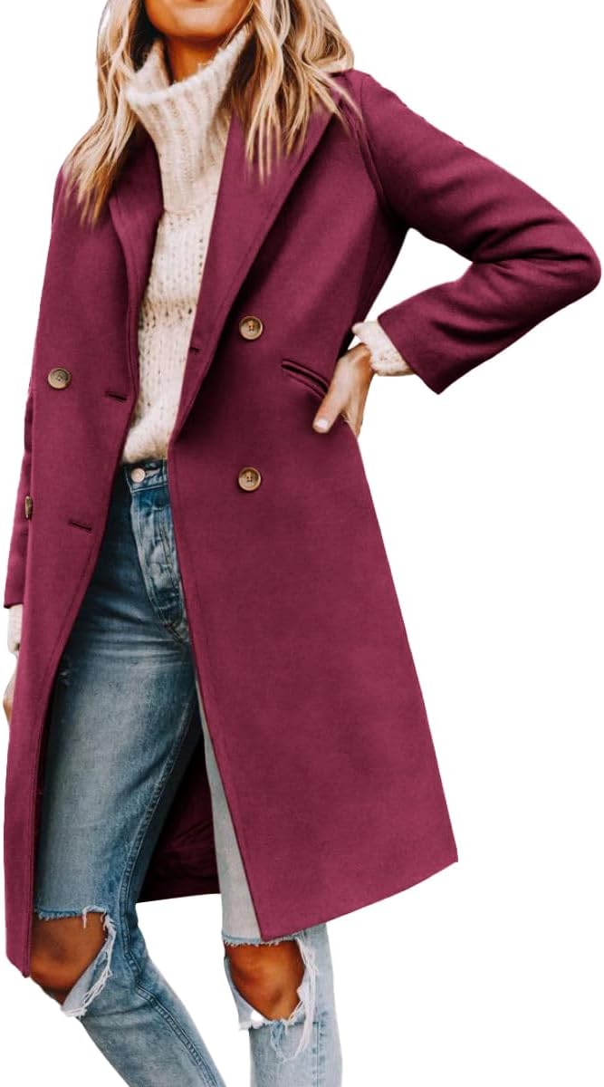 Yousify Womens Notched Lapel Collar Double Breasted Pea Coat