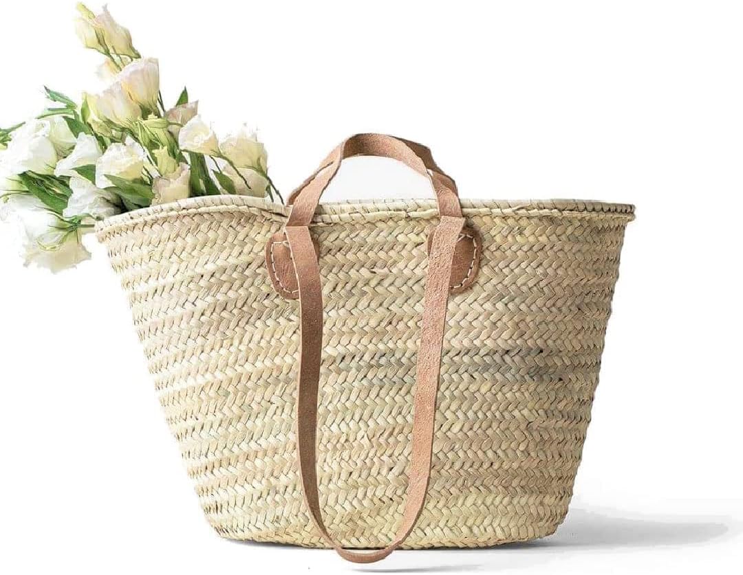 Handmade French Market Basket with Leather Handles for Versatile Use