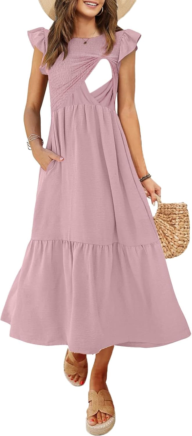 Women's Nursing Dress with Flutter Sleeves and Pockets for Moms