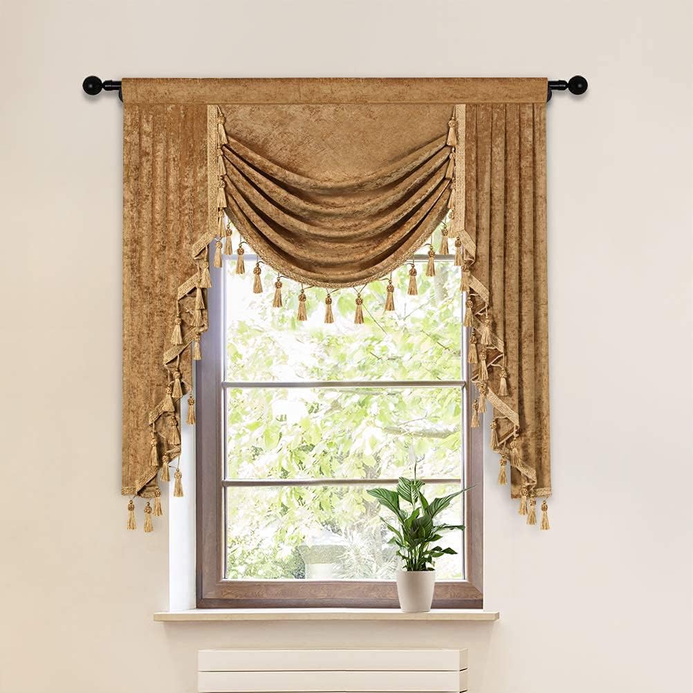 ELKCA Bronze Thick Chenille Waterfall Valance for Luxury Rooms