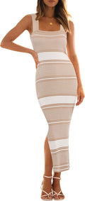 Women's Ribbed Knit Striped Bodycon Midi Dress - Summer 2025