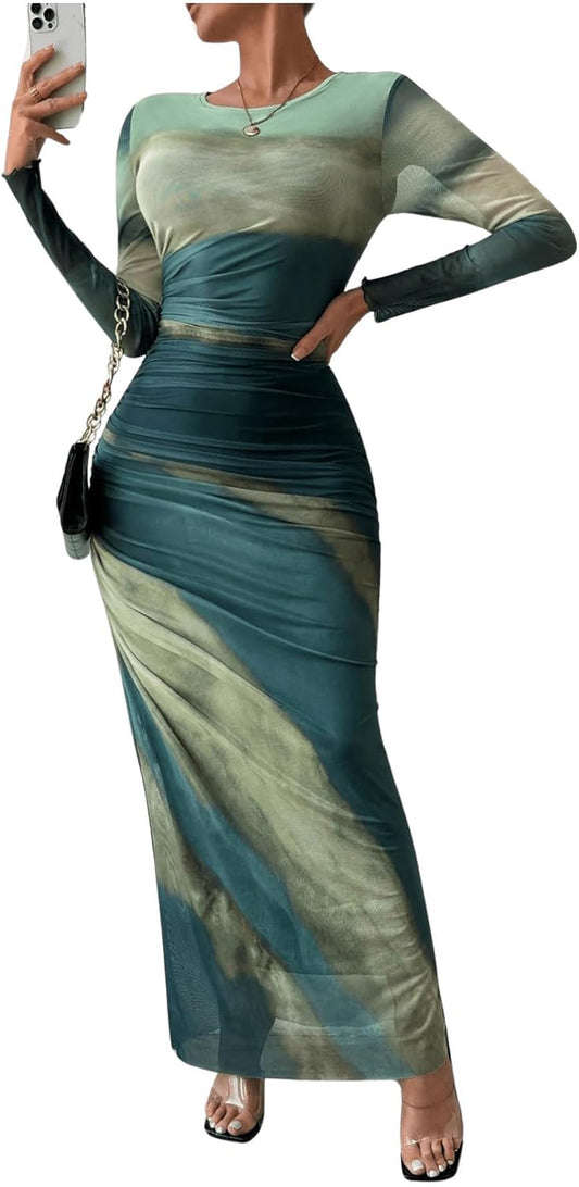 Women's Tie Dye Long Sleeve Maxi Dress for Night Out Events
