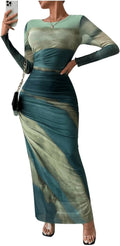 Women's Tie Dye Long Sleeve Maxi Dress Bodycon Ruched - Stylish Night