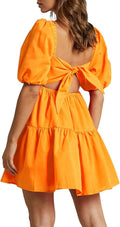OWNGIGI Women's Summer Square Neck Puff Sleeve Mini Dress - Tie Back