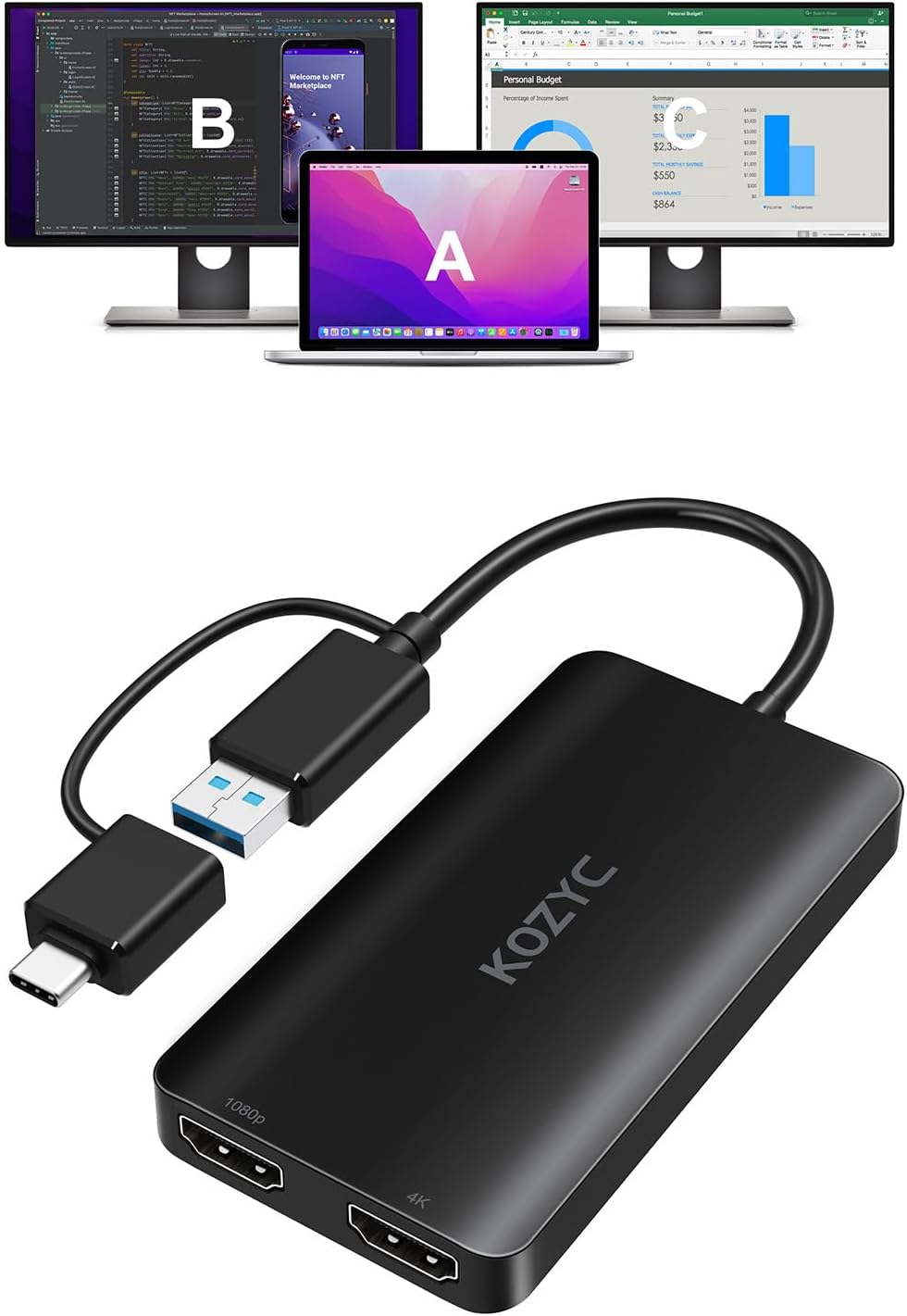 USB 3.0 to HDMI Splitter for Dual Monitors - 4K Support