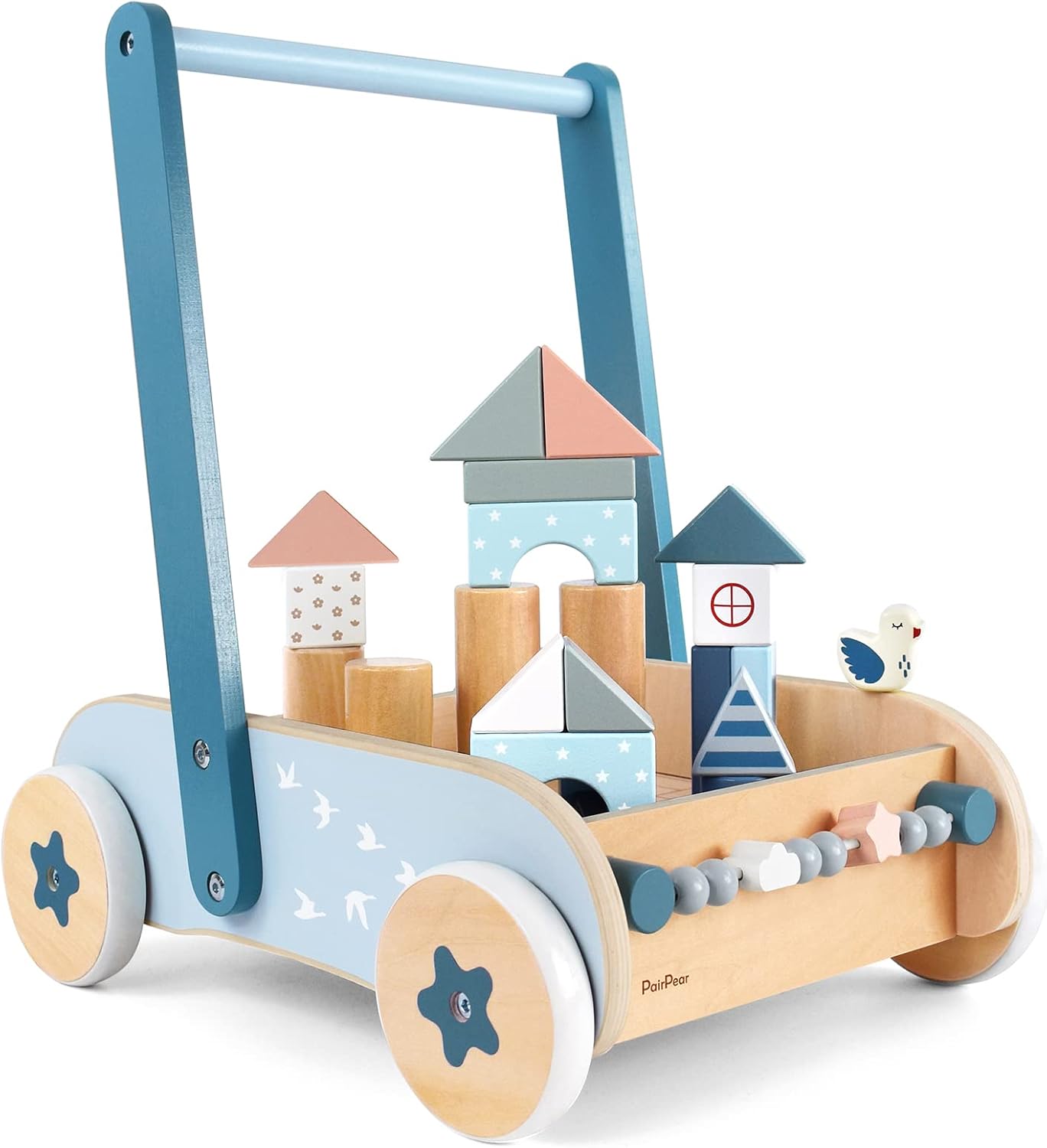 PairPear Wooden Baby Walker with Blocks & Brake for Toddlers