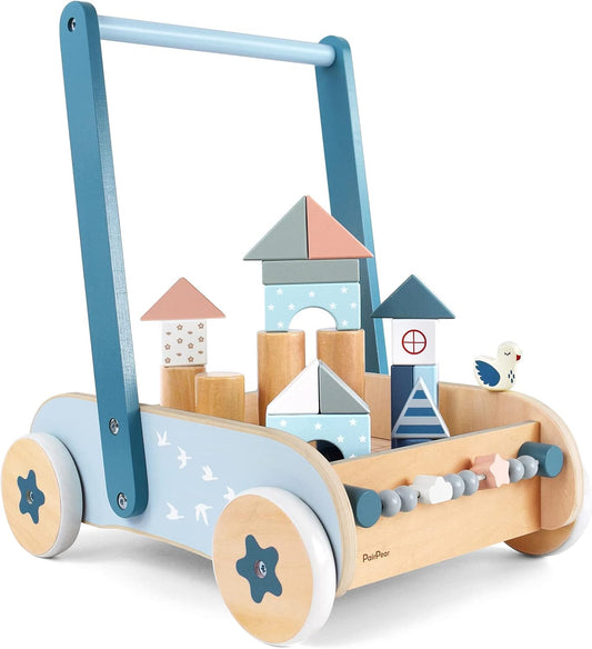 PairPear Wooden Baby Walker with Blocks & Brake for Toddlers