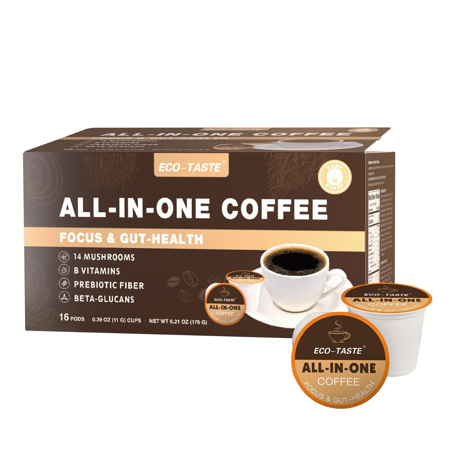 Focus & Gut Health K-Cups - 14-Mushroom Blend, Vitamins, L-Theanine, Alpha GPC - No Crash, No Jitters