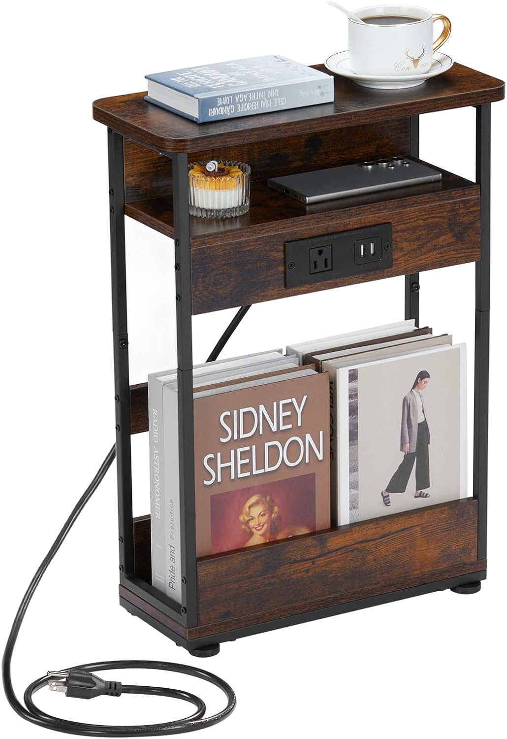 Narrow Side Table with Charging Station for Small Spaces