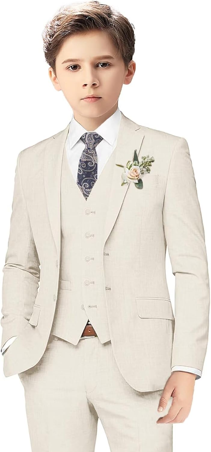 Boys Linen Suits for Kids Summer Slim Fit 3 Piece Outfit