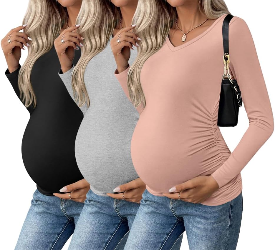 Ekouaer Womens Maternity Shirts Long Sleeve 3 Packs for Moms