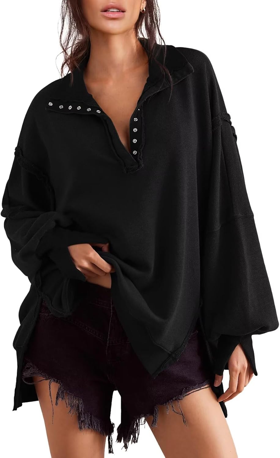 Trendy Henley Pullover Button Sweatshirt for Women 2024