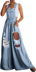 chouyatou Women's Loose Adjustable Strap Wide Leg Denim Bib Overall If