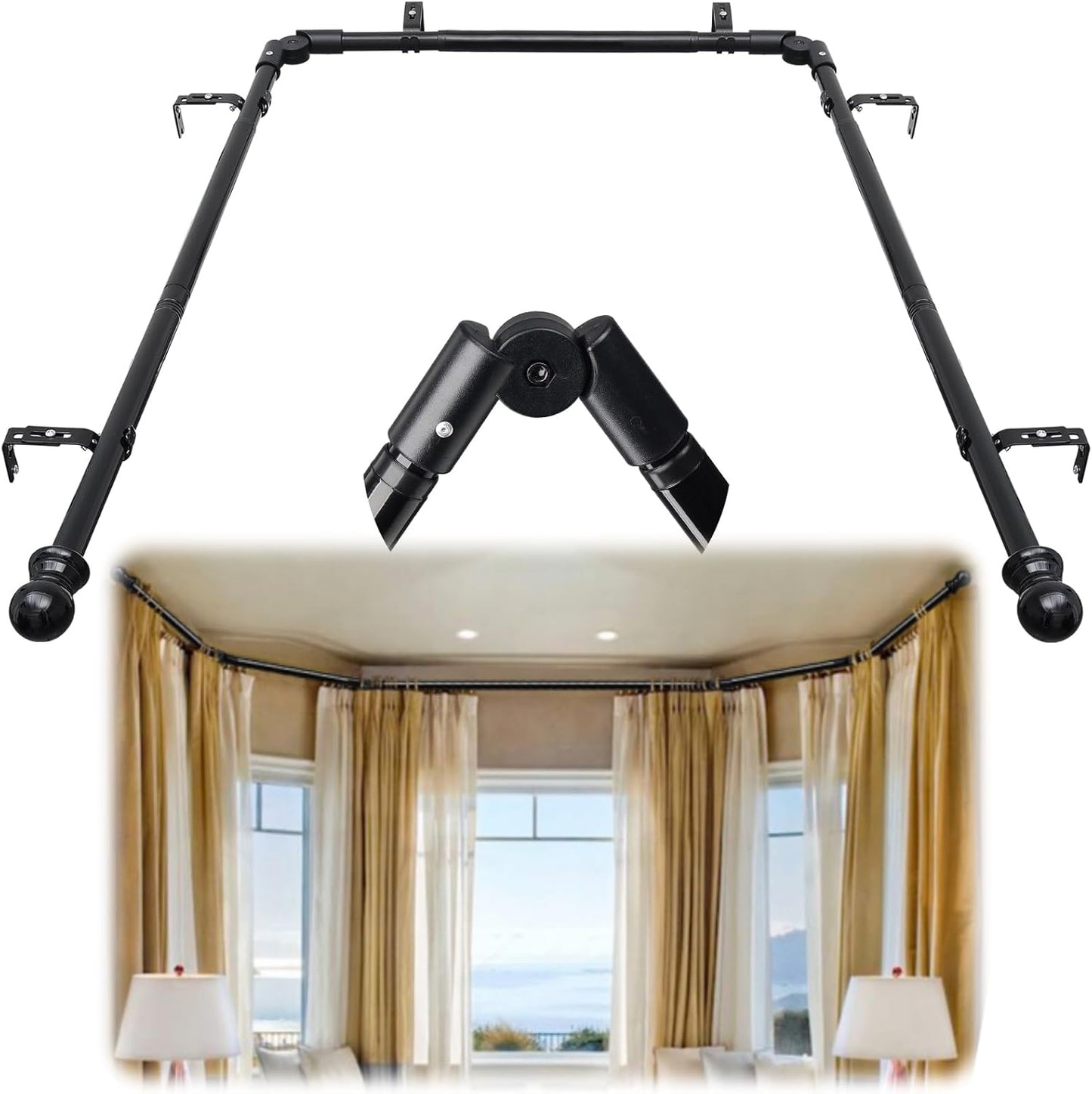 Adjustable Sturdy Black Bay Window Rod - 146-187 - Enhance Any Room