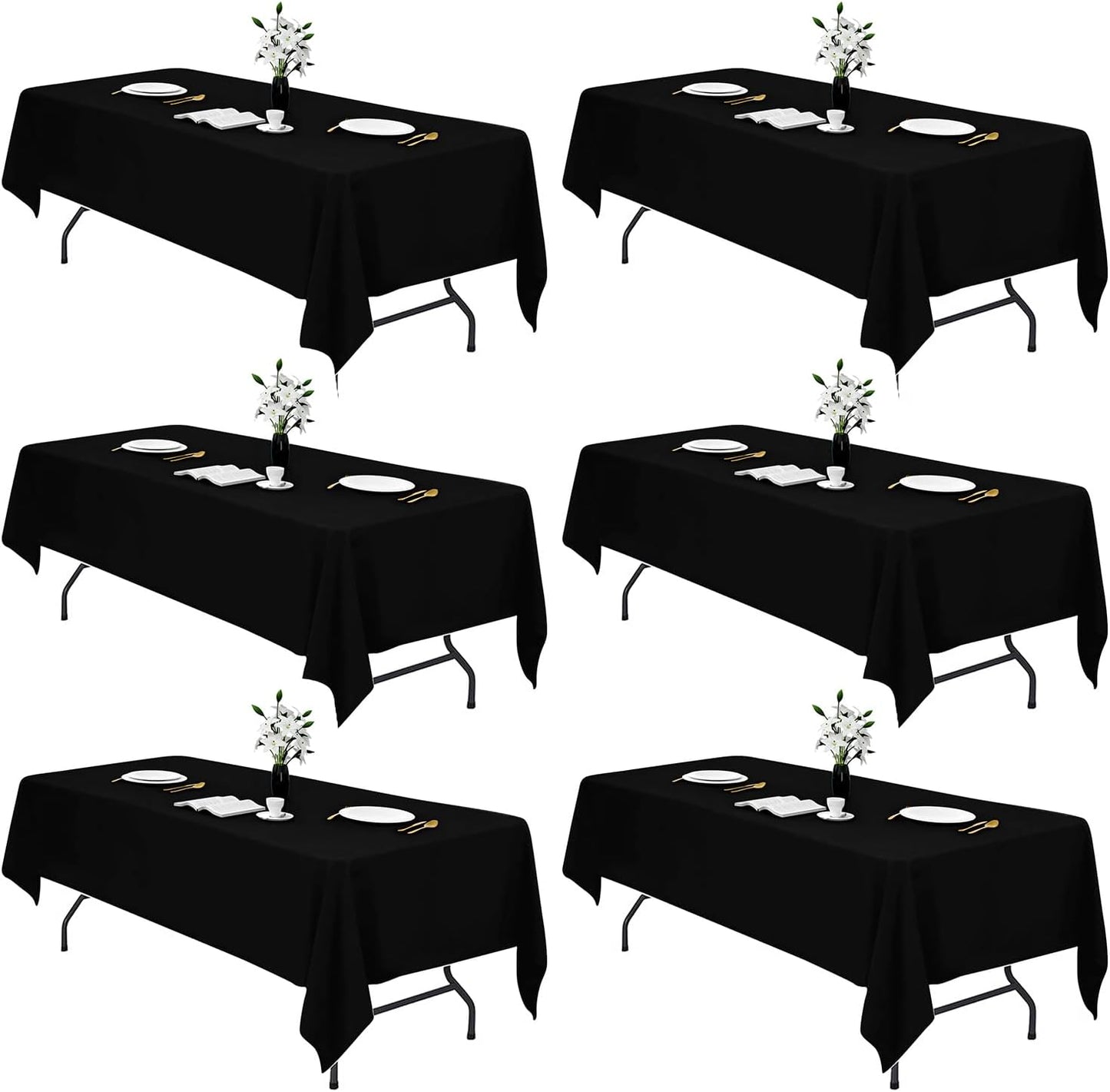 Elegant 6 Pcs Black Table Cloth for Rectangle Tables - 60 x 102 in