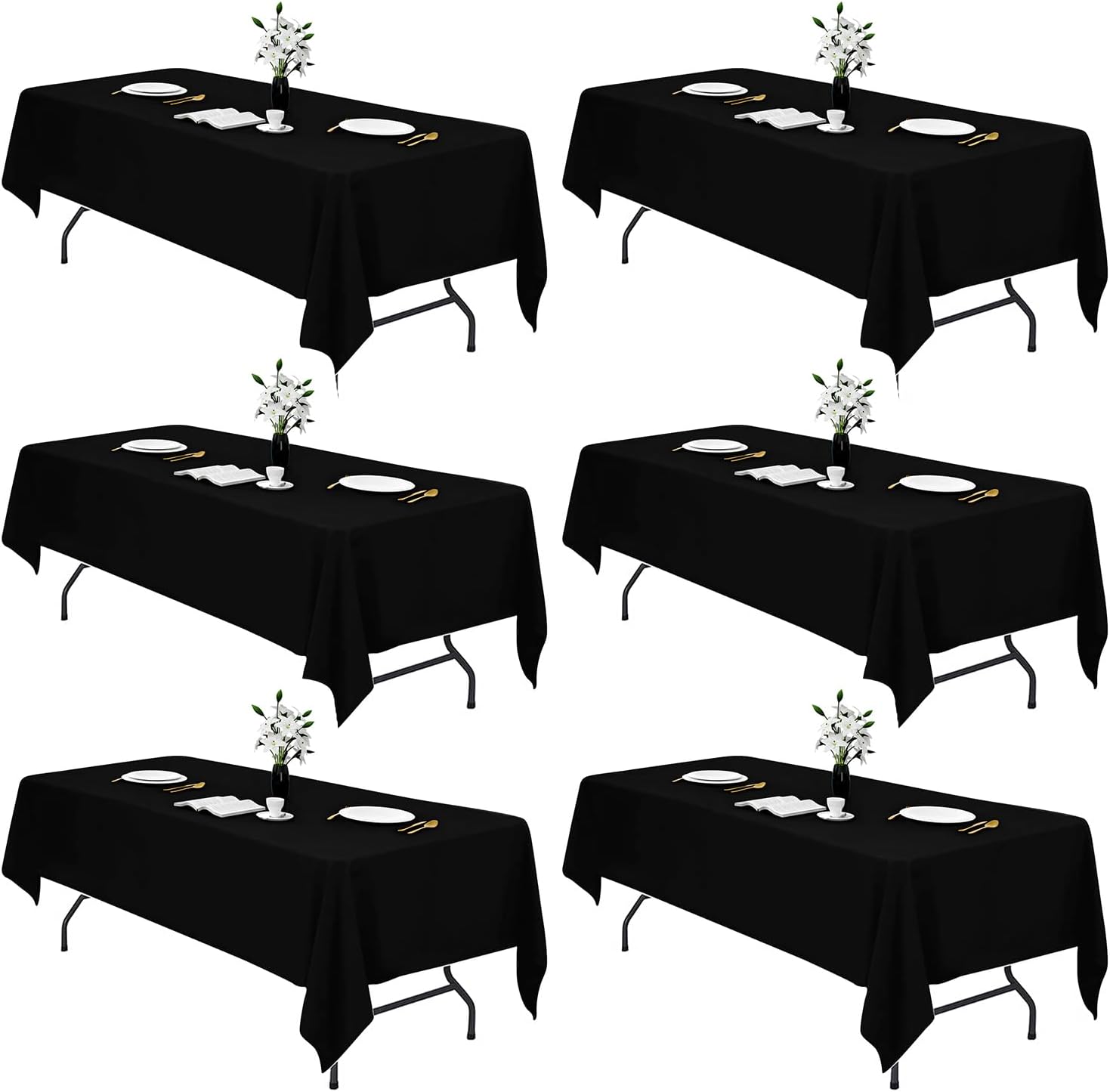 Elegant 6 Pcs Black Table Cloth for Rectangle Tables - 60 x 102 in