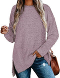 Qearal Women's Long Sleeve Fuzzy Popcorn Knitted Sweater - Side Split