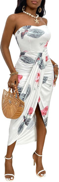 Women's Strapless Ruched High Waist Wrap Split Asymmetrical Maxi Dress