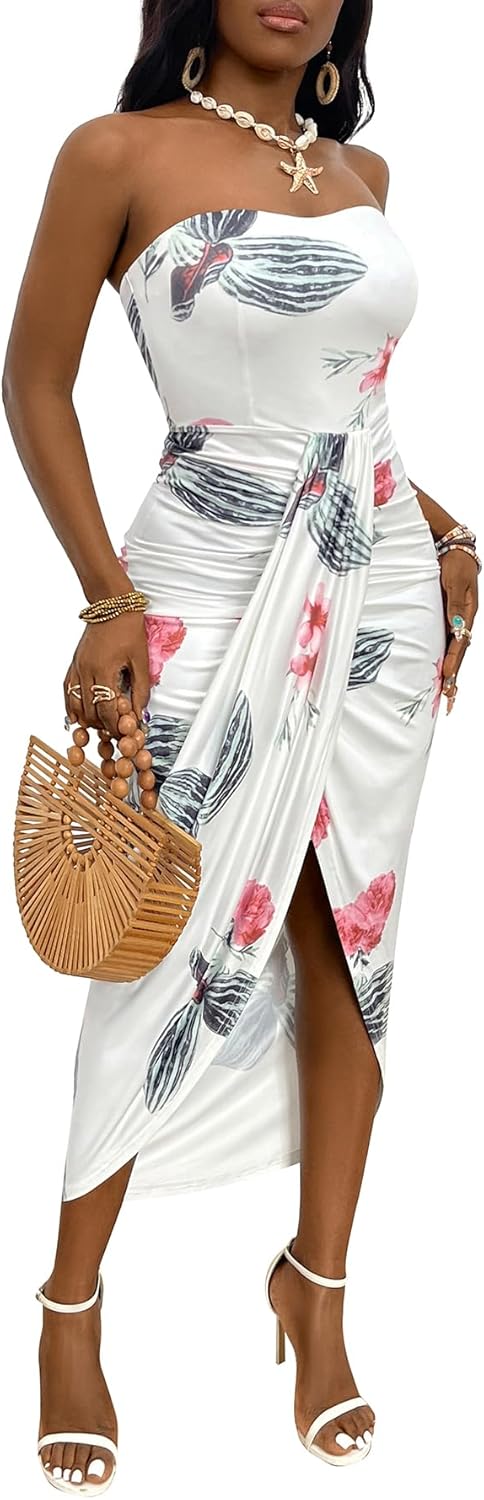 Umenlele Women's Strapless Ruched High Waist Beach Maxi Dress