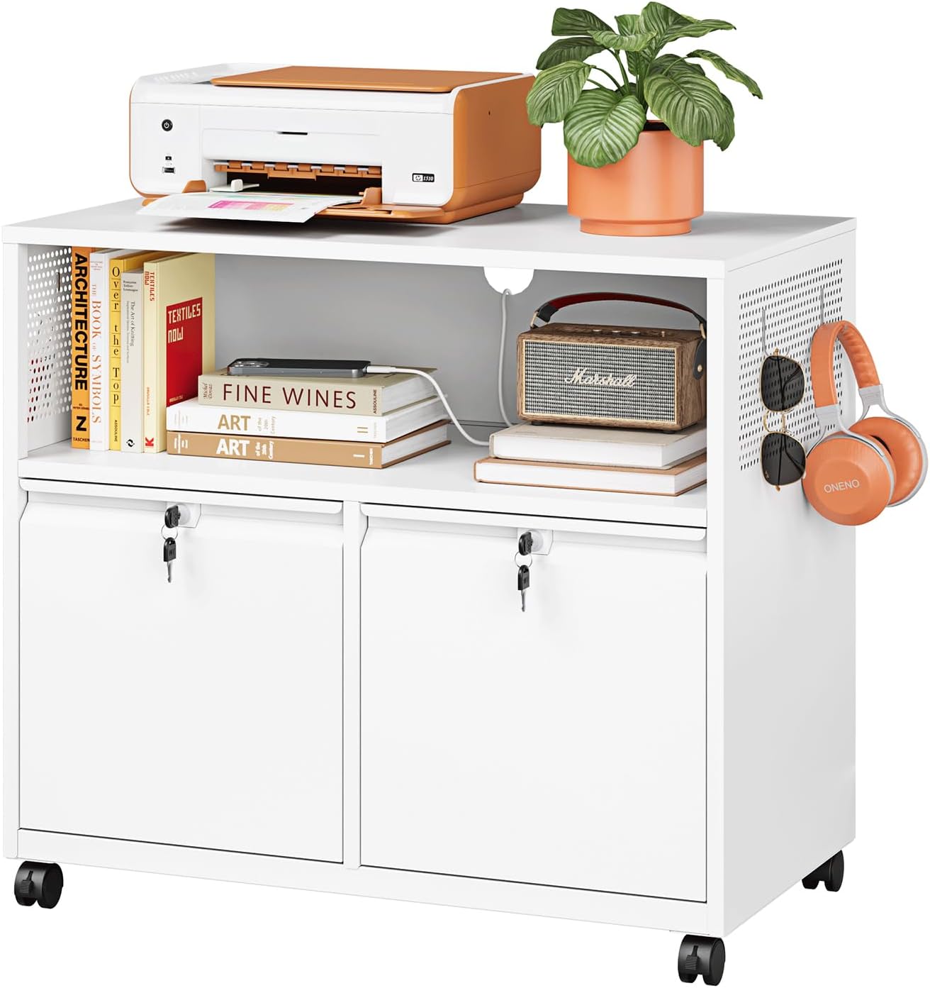 Metal File Cabinet with Lock and Rolling Printer Stand for Office