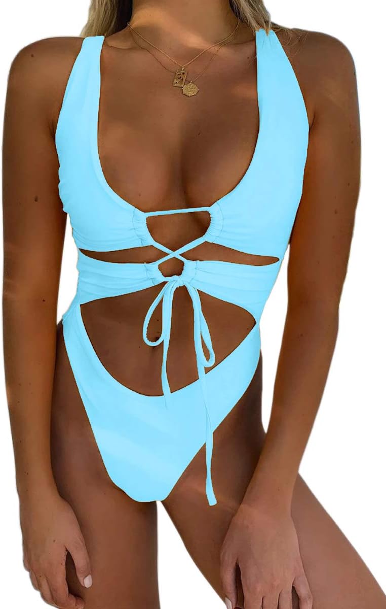 CHYRII Women's Sexy Cutout Lace Up Backless Monokini Swimsuit