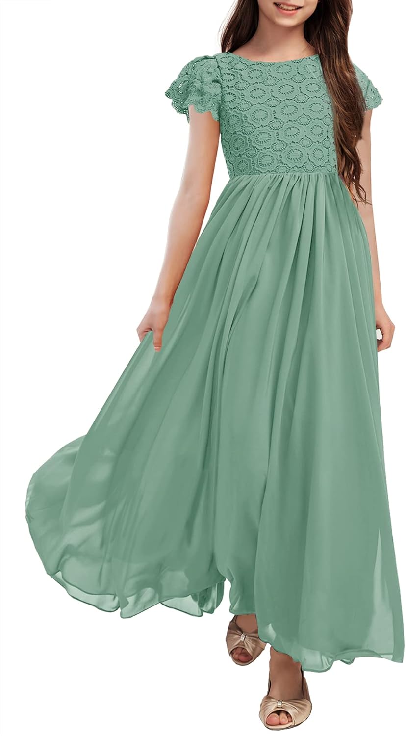 HOSIKA Girls Vintage Chiffon Ruffle Sleeve A-Line Maxi Dress