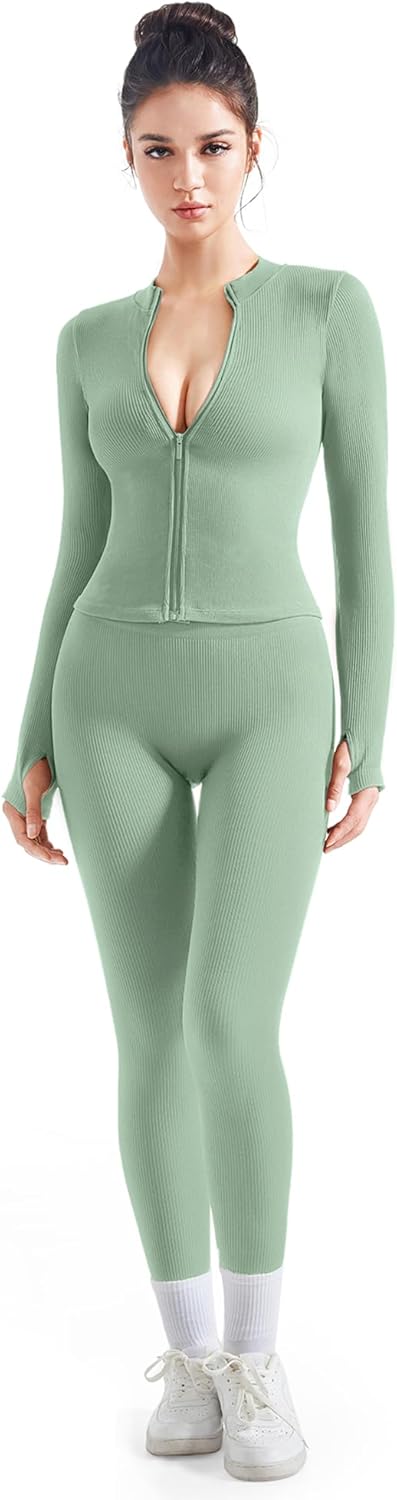 SUUKSESS Women 2 Piece Seamless Ribbed Workout Sets for Fitness