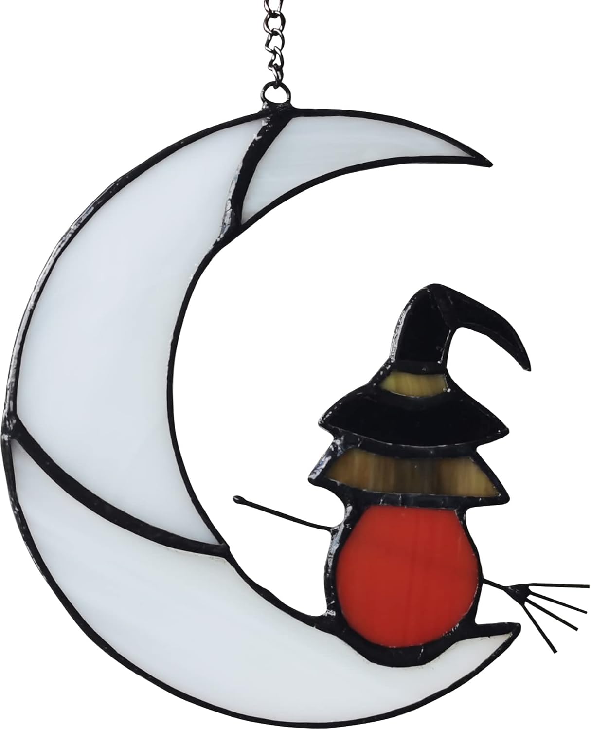 Witch On Moon Stained Glass Suncatcher for Halloween Decor