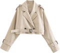 Womens Cropped Bike Jacket Casual Double Breasted Trench Coat