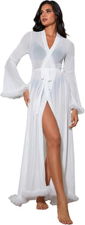 OYOANGLE Ruffle Trim Sheer Mesh Belted Robe - Elegant Bridal Nightwear