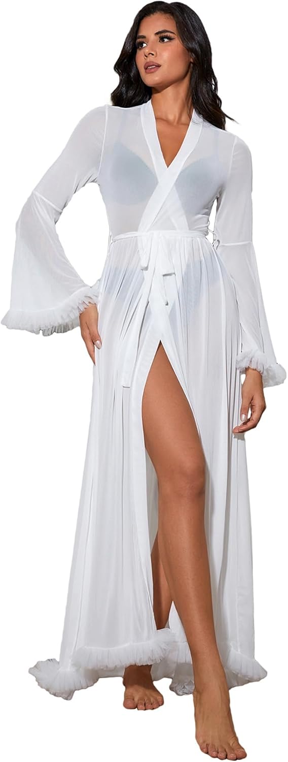 OYOANGLE Women's Ruffle Trim Long Sleeve Belted Sheer Mesh Robe