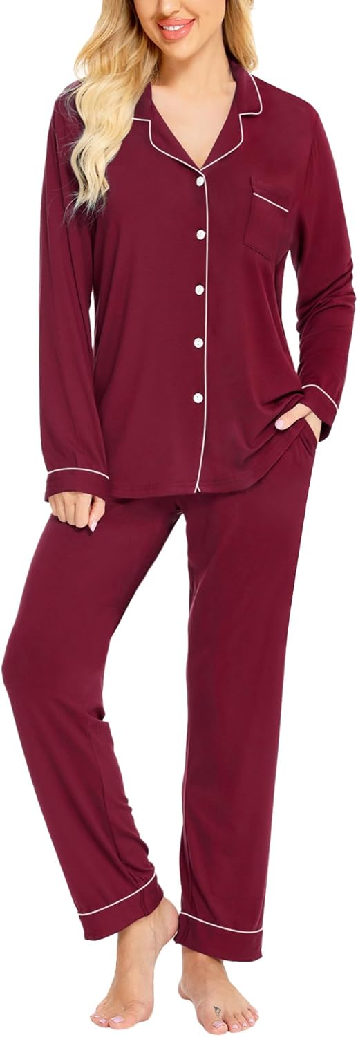 SWOMOG Womens Pajamas Set Long Sleeve Soft Cotton Nightwear