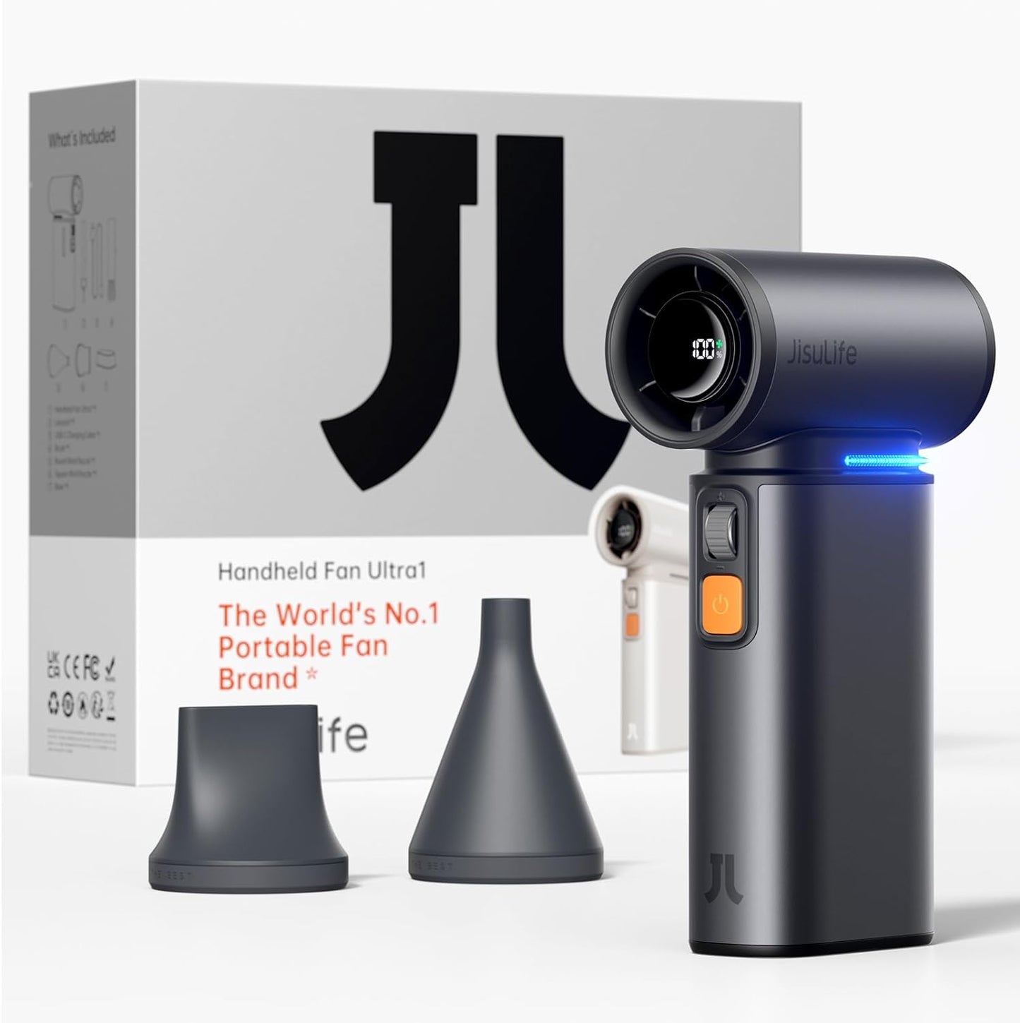 JISULIFE Turbo Fan: 100 Speeds, 9000mAh Rechargeable Battery - Grey