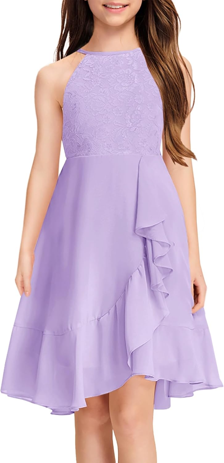 Girls Lace Flower Ruffle Dress for Junior Bridesmaids and Parties
