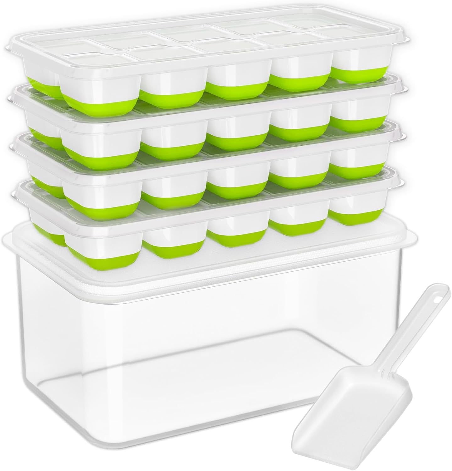 DOQAUS 4 Pack Silicone Ice Cube Trays with Lid - Stackable & Storage Bin