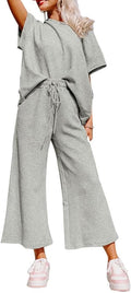SHEWIN Women's 2 Piece Lounge Set - Cable Knit Short Sleeve Sweatsuit