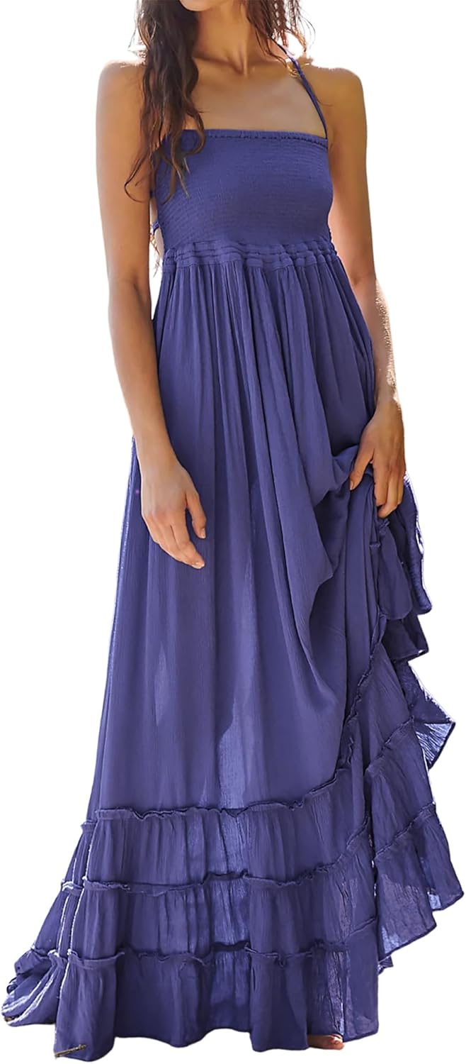 R.Vivimos Womens Summer Boho Backless Long Dresses for Fun