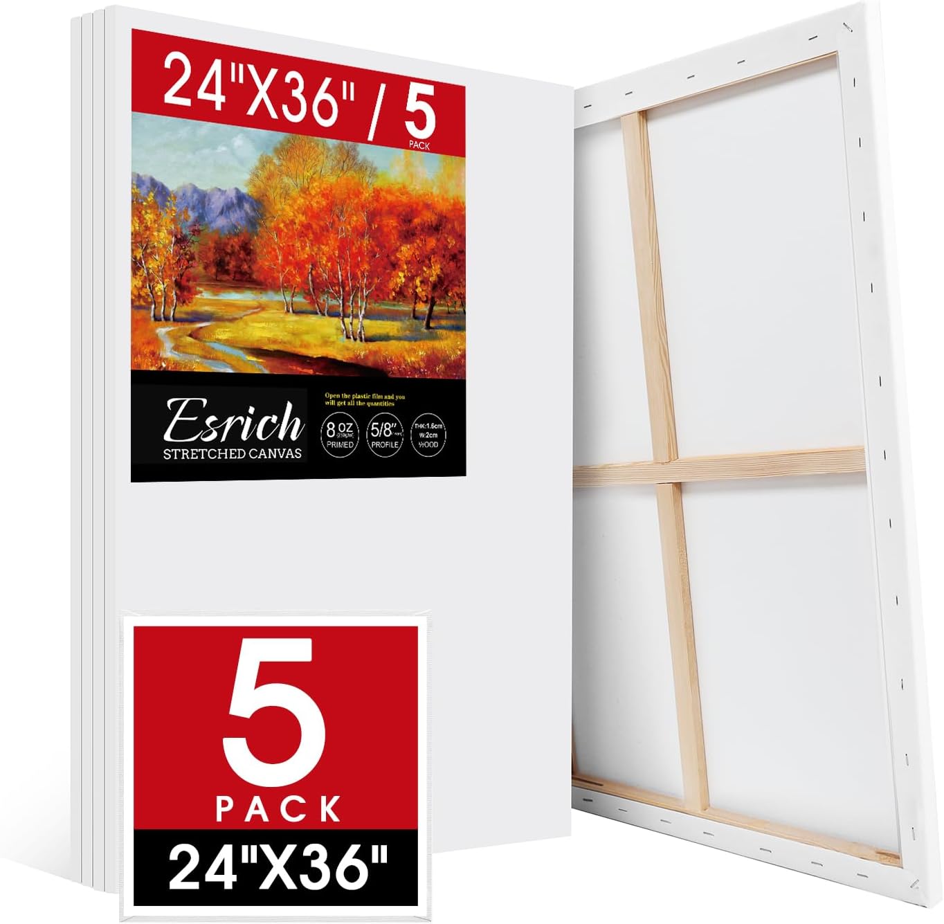 ESRICH Stretched Canvas for Painting 24x36 Inch, 5 Pack Set