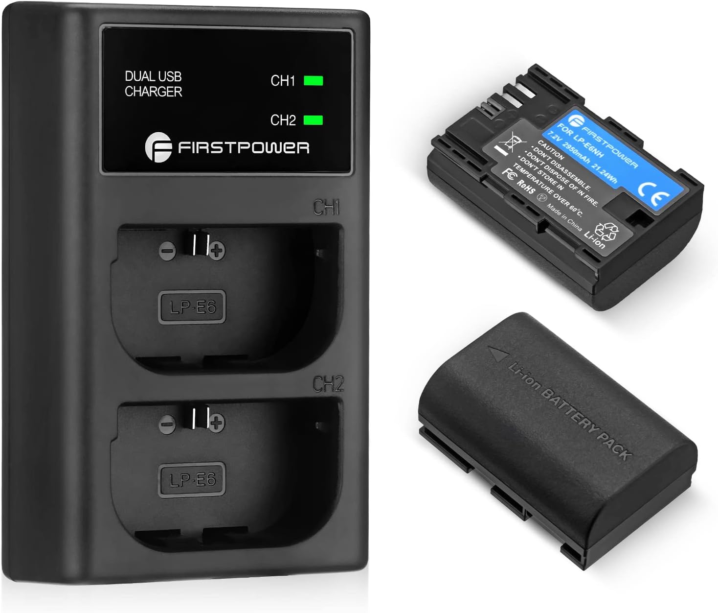 FirstPower LP-E6NH Battery and Dual USB Charger for Canon Cameras