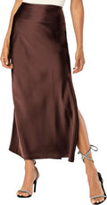 Womens Satin Silk Maxi Slit Skirt - Elegant Flowy A-Line Maxi