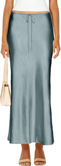 Womens Satin Silk Maxi Skirts Drawstring Flared A-Line Long Skirt as