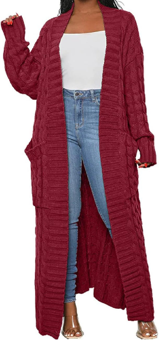 Womens Stylish Cable Knit Dual Chunky Cardigan with Pockets