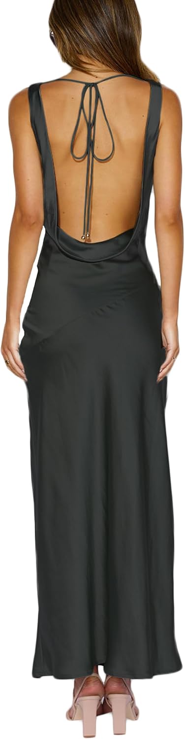 Elegant Backless Satin Maxi Dress for Wedding Guests and Parties